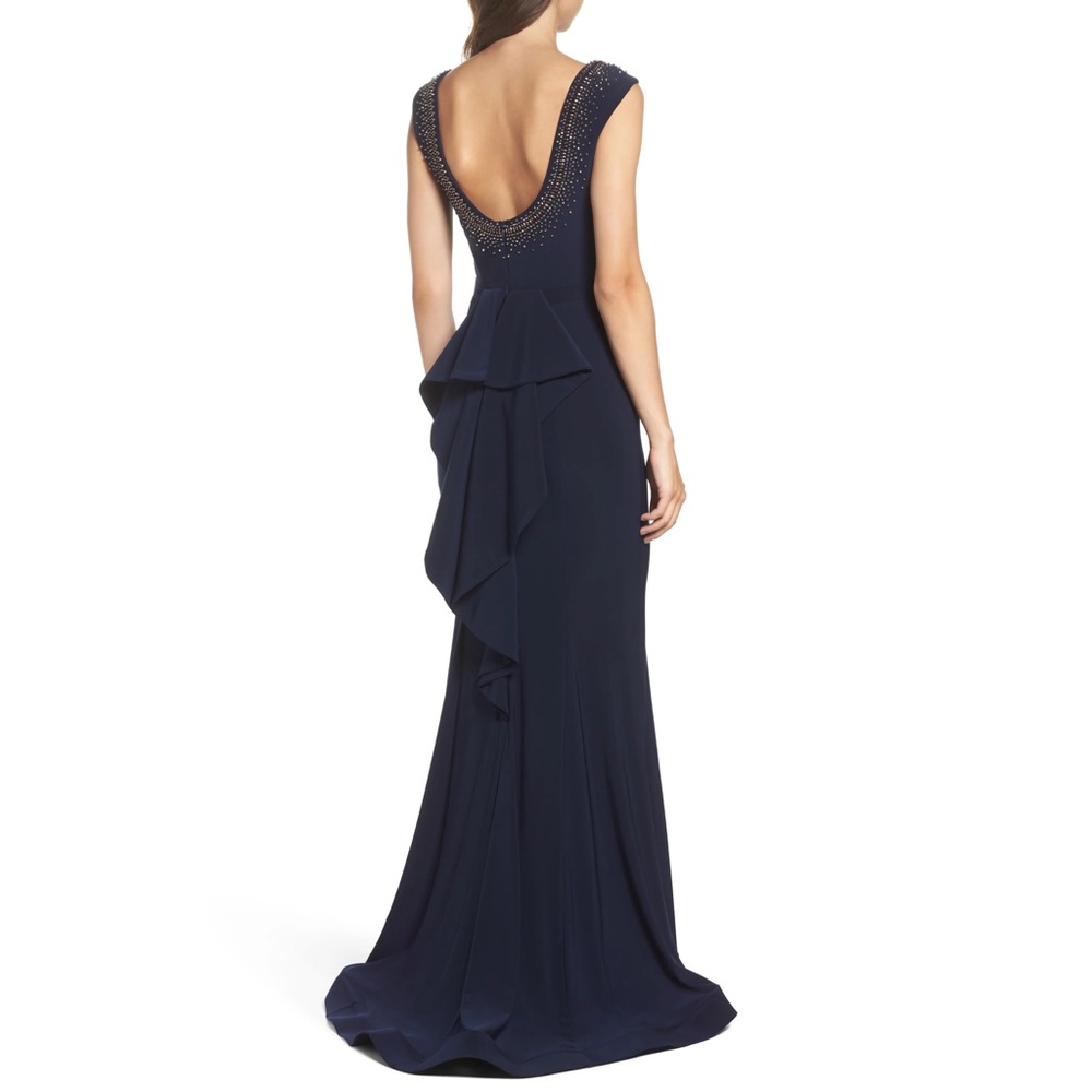 Xscape Beaded Ruffle Back Jersey Trumpet Gown, Size 2